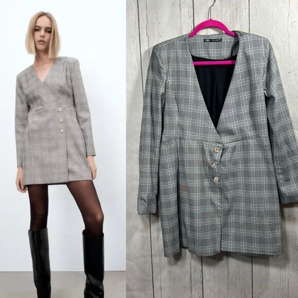ZARA Plaid Blazer Dress Bloggers Favorite Preppy Chic Mini Dress Academia Office - Picture 1 of 14
